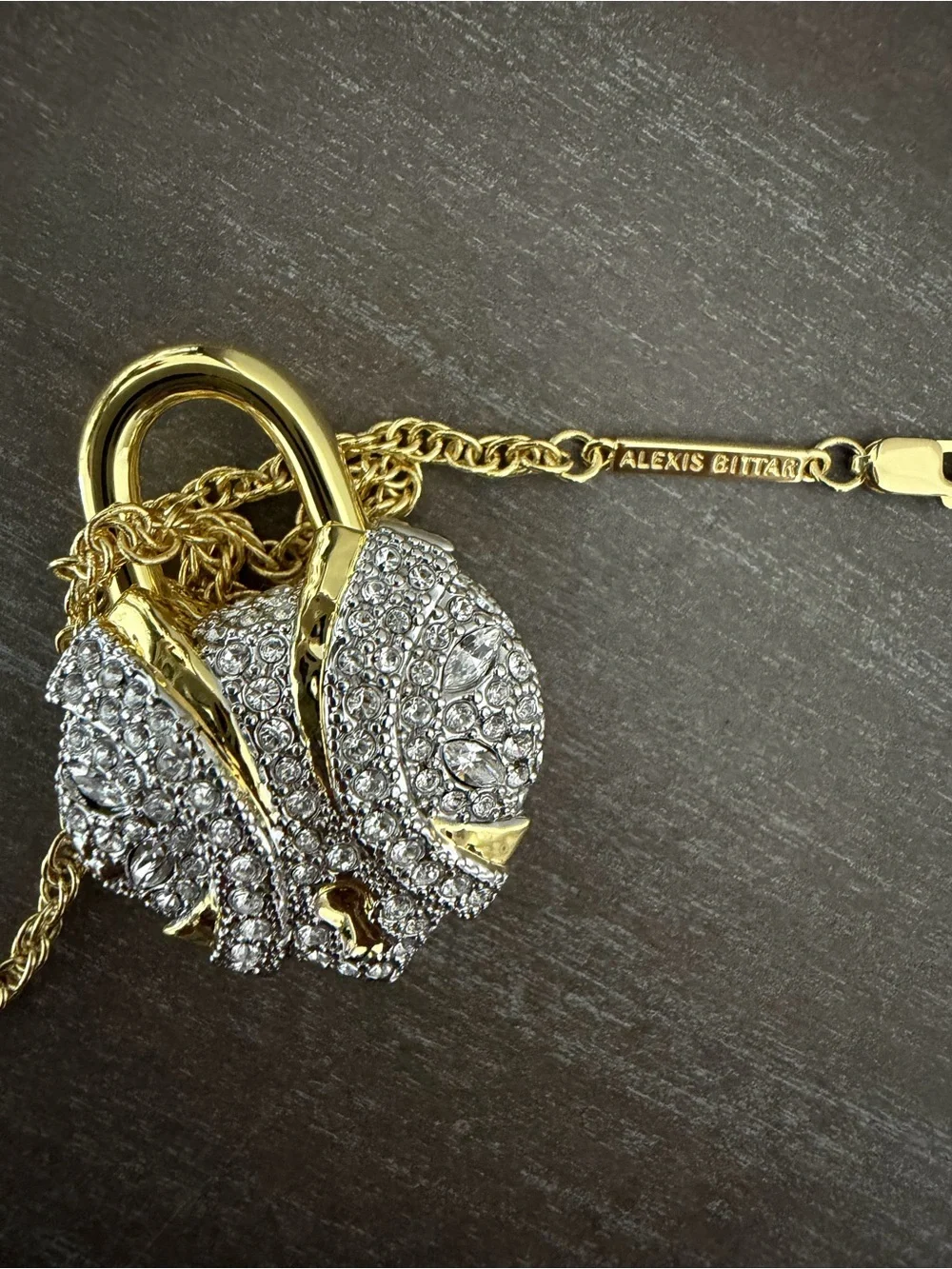 NWT Alexis Bittar Crystal Heart Pavé Padlock Pendant Necklace Gold Tone Chain